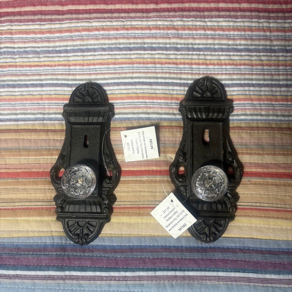 Hobby Lobby Cast Iron Wall Hooks Glass Knobs Vintage Style Set of 2 Black 947283